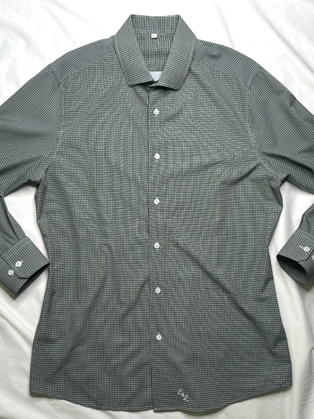 State and Liberty Dress Shirt Men’s Large Green Brown Tartan Plaid Stretch